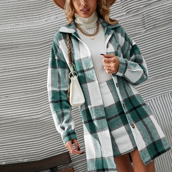 2 piece set Plaid Print Button Front Overcoat & Skirt - Picture 3 of 7